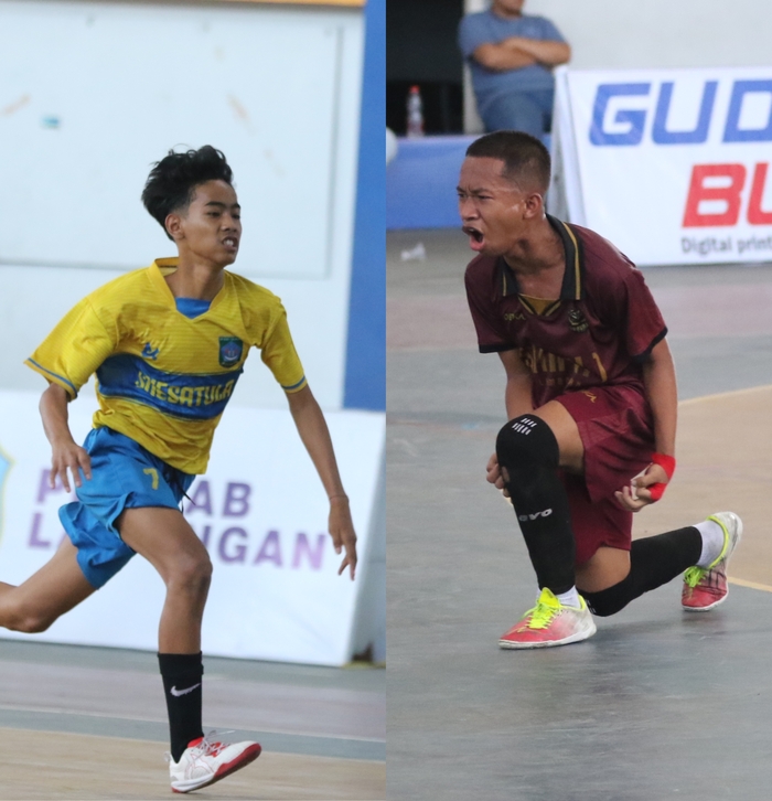 HADAPI PARTAI PUNCAK: Pemain SMPN 1 Turi dan SMPN 1 Lamongan ingin meraih gelar juara turnamen Futsal Kemerdekaan Bupati Cup 2024. (ANJAR DWI PRADIPTA/RDR.LMG)