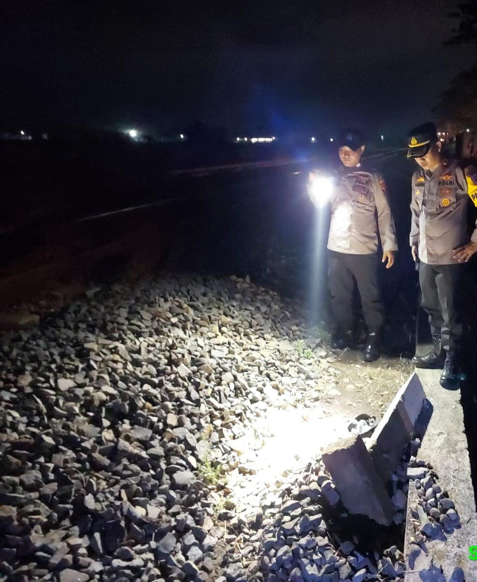 GELAP GULITA: Petugas kepolisian menggunakan senter saat mengidentifikasi titik lokasi sopir bus tertabrak KA barang di perlintasan Desa Gembong, Kecamatan Babat. (Istimewa / radar lamongan)