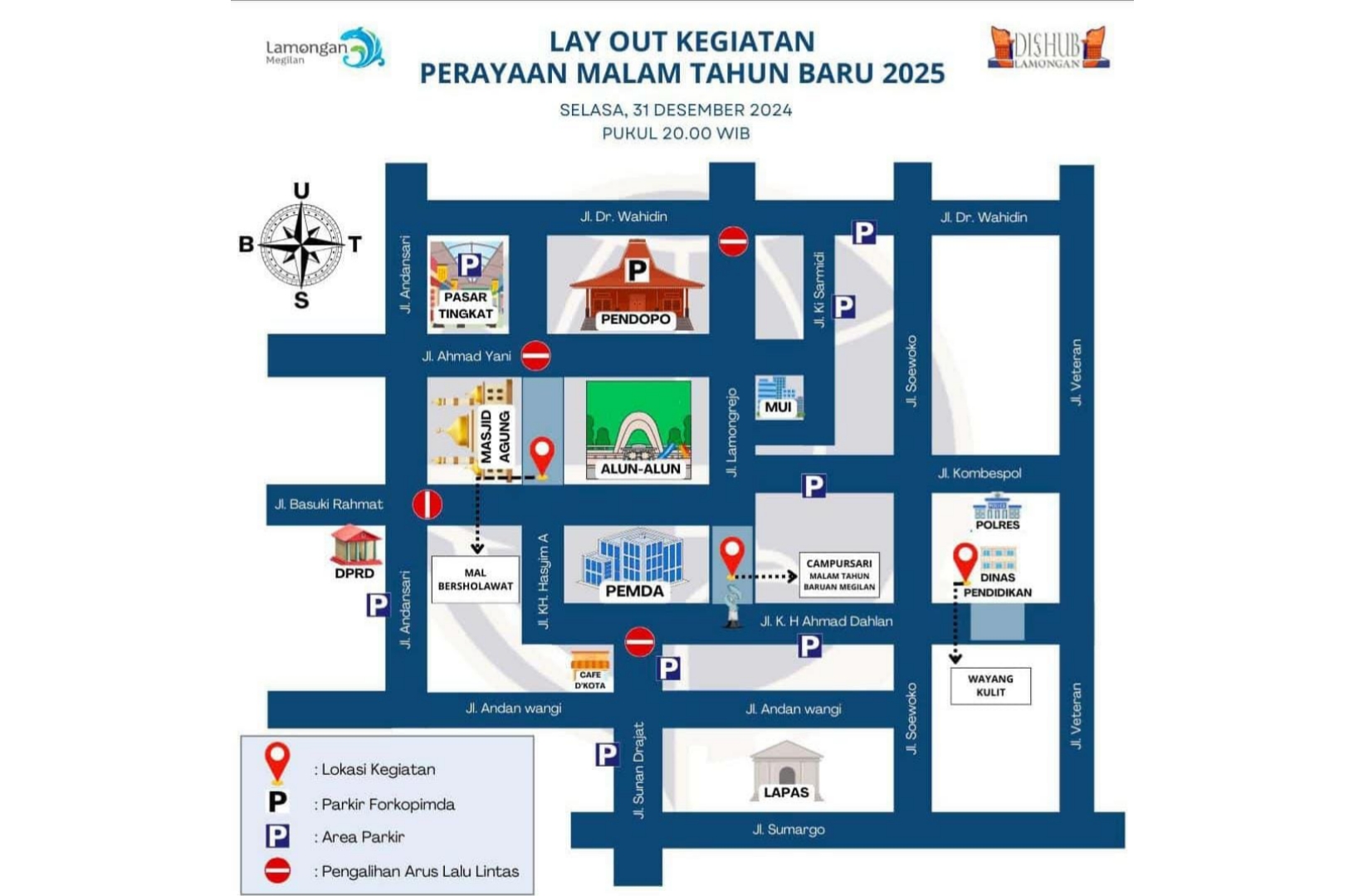 BAKAL DITUTUP: Arus lalin di sekitar Alun-Alun Lamongan bakal ditutup saat malam tahun baru.&nbsp;(Ist. / Radar Lamongan)
