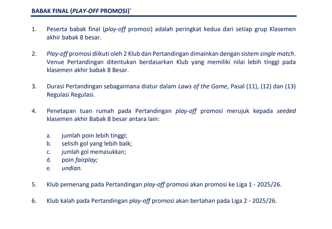 Tangkapan layar regulasi komepetisi Liga 2, babak playoff promosi liga 1