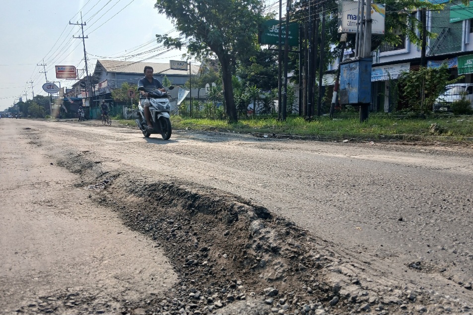MENGGUNUNG: Salah satu titik jalan nasional di Kecamatan Sukodadi yang mengalami kerusakan cukup parah.