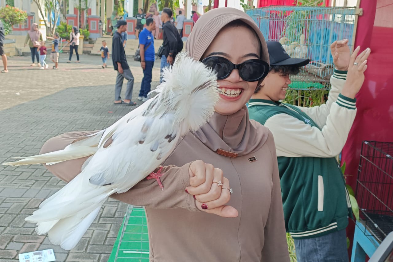 Pengunjung pameran hewan eksotis di Alun-alun Lamongan, antusias berfoto bersama dengan burung merpati hias.