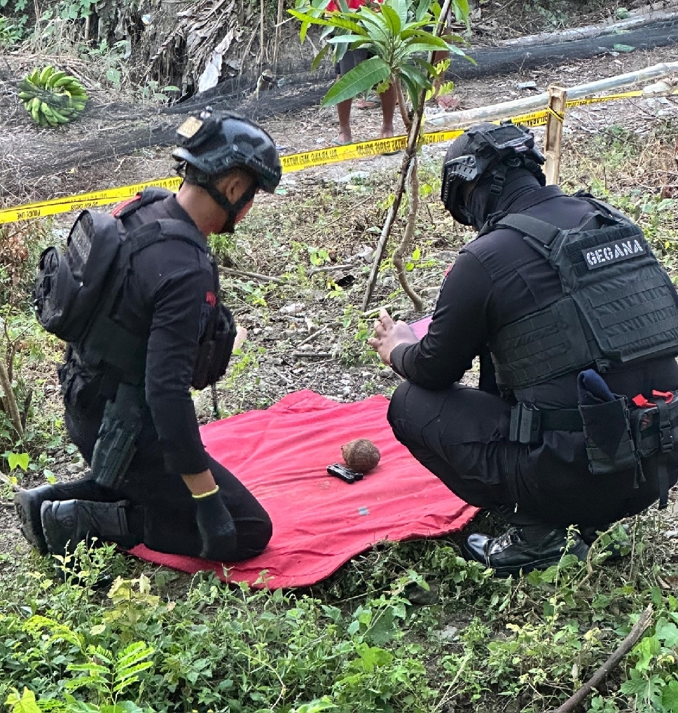 Tim Gegana Polda Jatim Megevakuasi benda yang diduga granat di pekarangan rumah warga Desa Bangle, Kecamatan Sukorame.