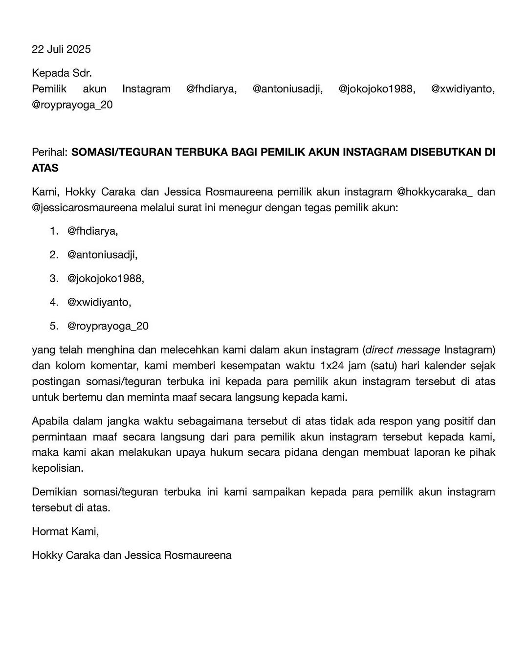 Unggahan surat somasi Hokky Caraka di Instagram Pribadinya.