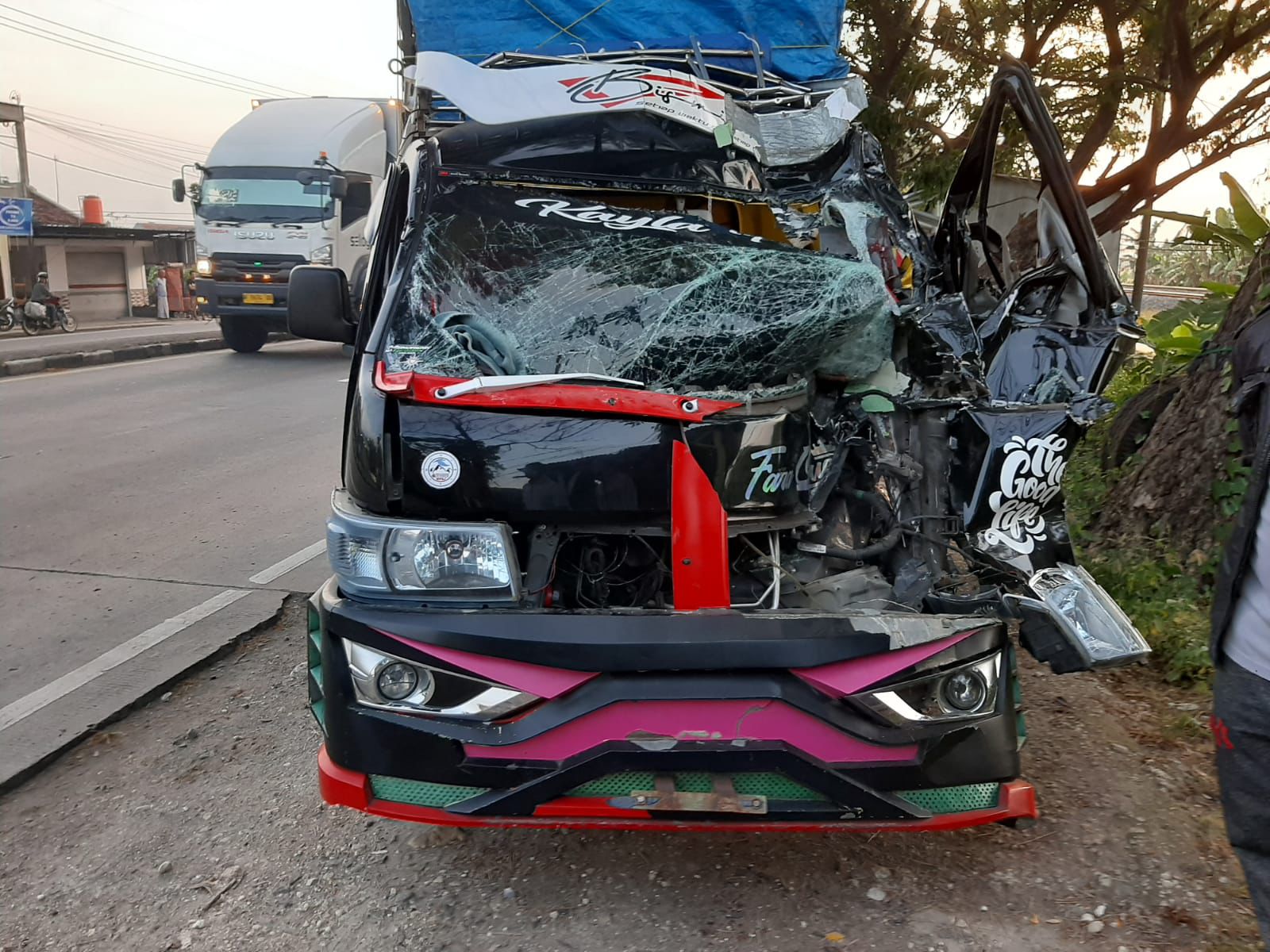 Mobil Pickup bermuatan burung merpati balap terlibat kecelakaan di jalan poros nasional Babat-Tuban.