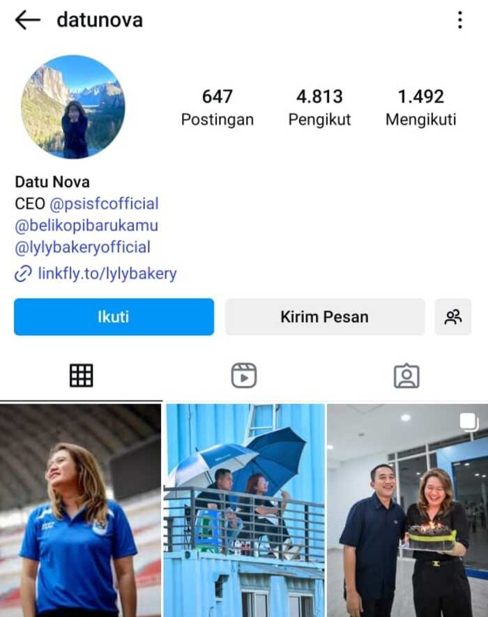 NAIK BERLIPAT: Akun IG milik Datu Nova Fatmawati saat awal akuisisi saham PSIS. Kini, dia sudah memiliki 14 ribu lebih pengikut di IG.