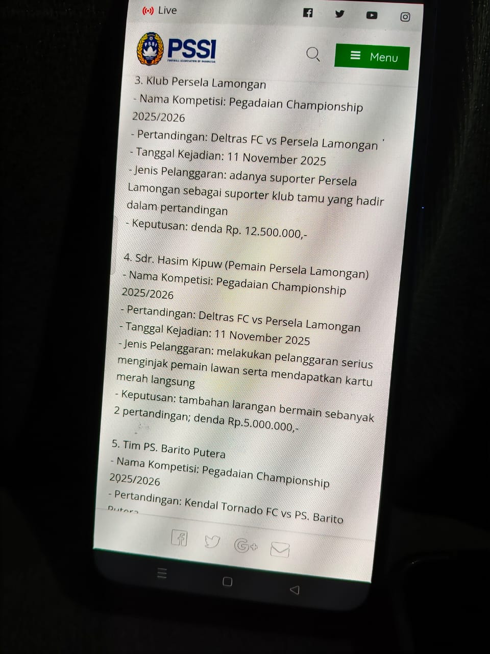 Tangkapan layar rilis di website PSSI, komdis menilai adanya suporter Persela Lamongan sebagai suporter klub tamu yang hadir dalam pertandingan di Gelora Delta Sidoarjo.
