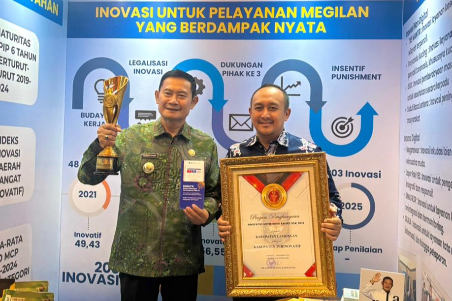 TERINOVATIF: Bupati Yes usai menerima penghargaan IGA Award 2025 dari Kemendagri didampingi kepala Bapenda Lamongan Edy Yunan Achmadi, di Jakarta Rabu lalu.