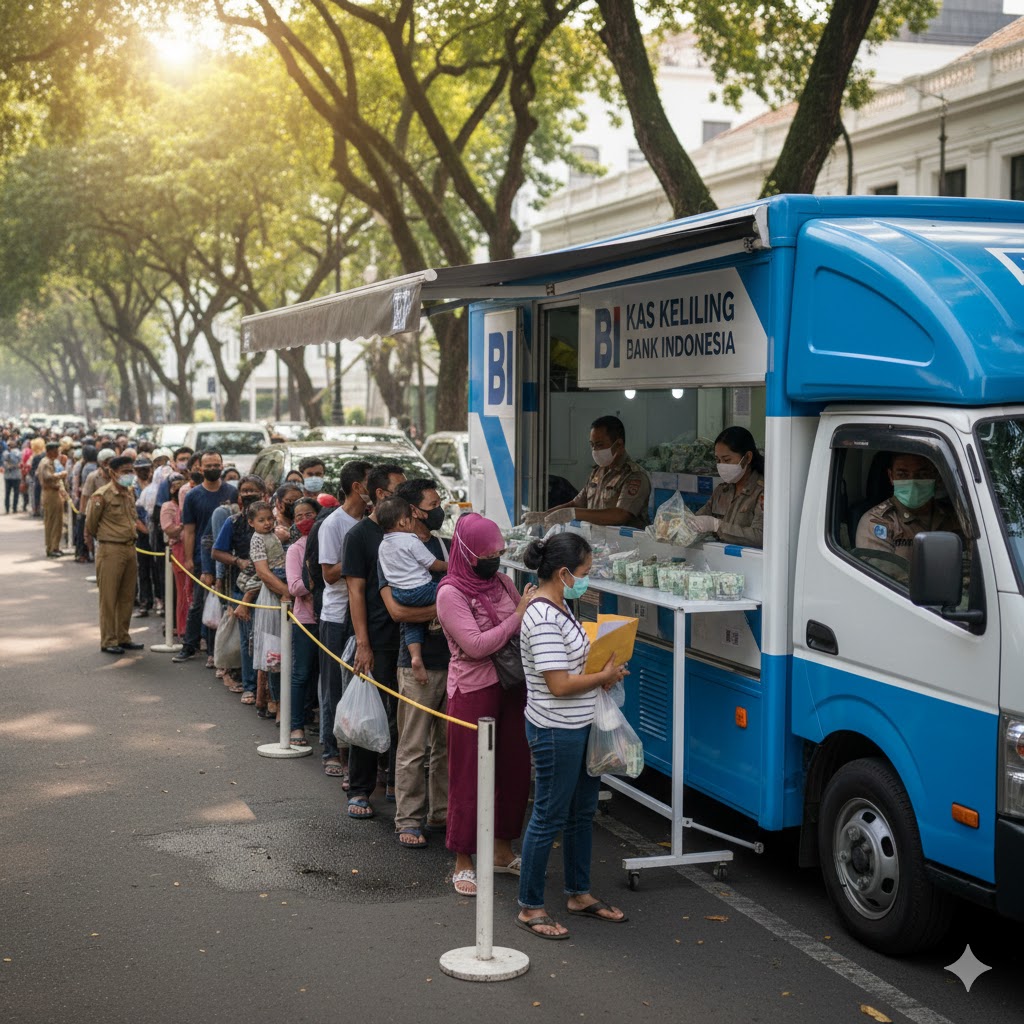 Ilustrasi antrian Penukaran uang baru di mobil kas keliling Bank Indonesia.