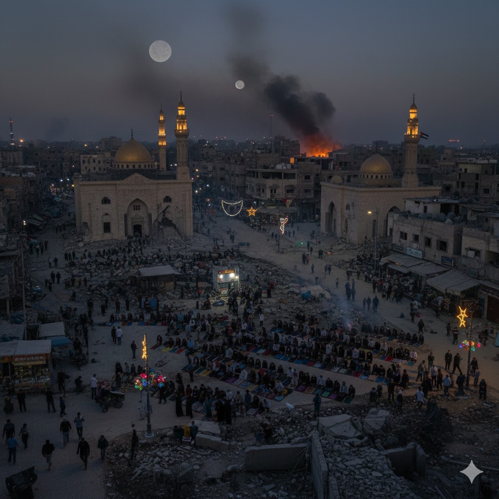 Ilustrasi warga gaza ketika sholat pada saat perang sedang berlangsung.