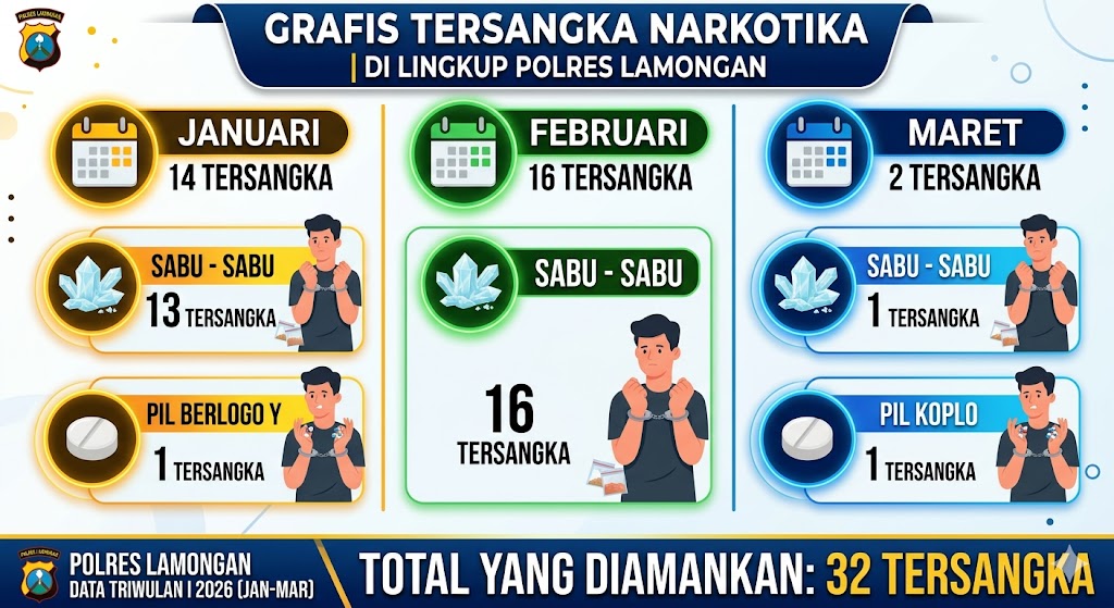 Grafis tersangka kasus narkotika dari bulan Januari hingga Maret yang diamankan Polres Lamongan. 