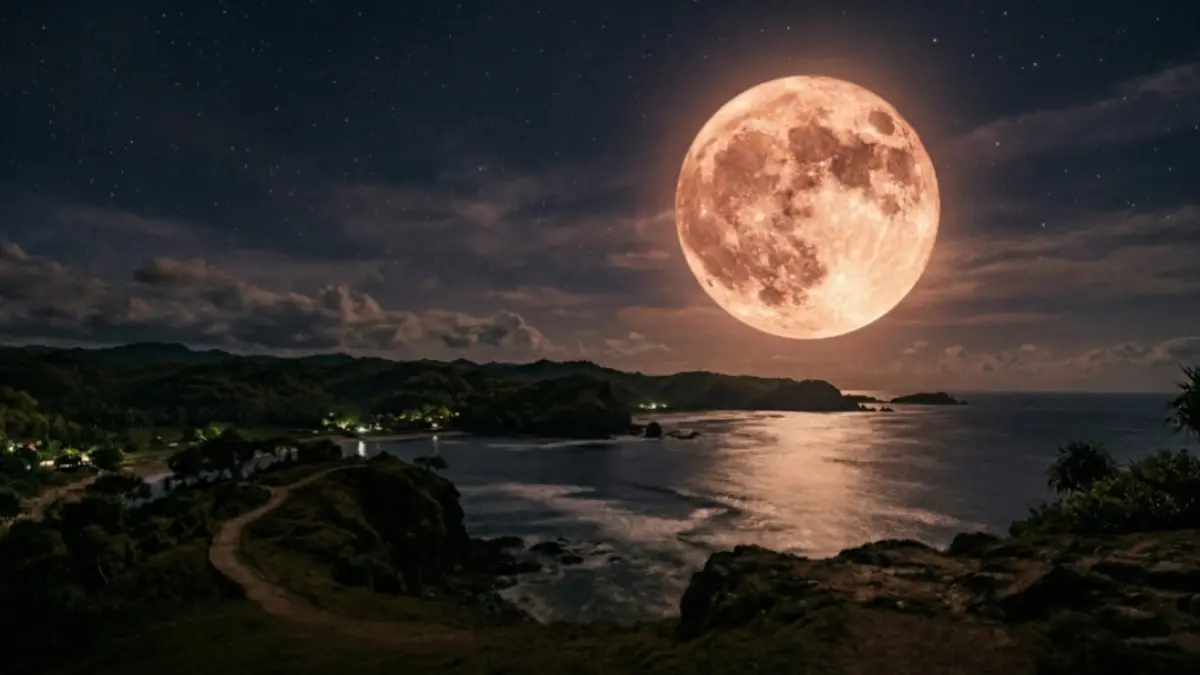 Fenomena pink moon diprediksi muncul di Indonesia Bulan April. (Gambar Gemini AI)