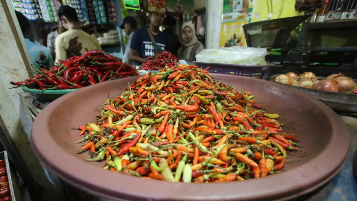 HARGA TURUN: Cabai yang dijual pedagang di Pasar Sidoharjo, Lamongan.&nbsp;(Dokumen/Radar Lamongan) 