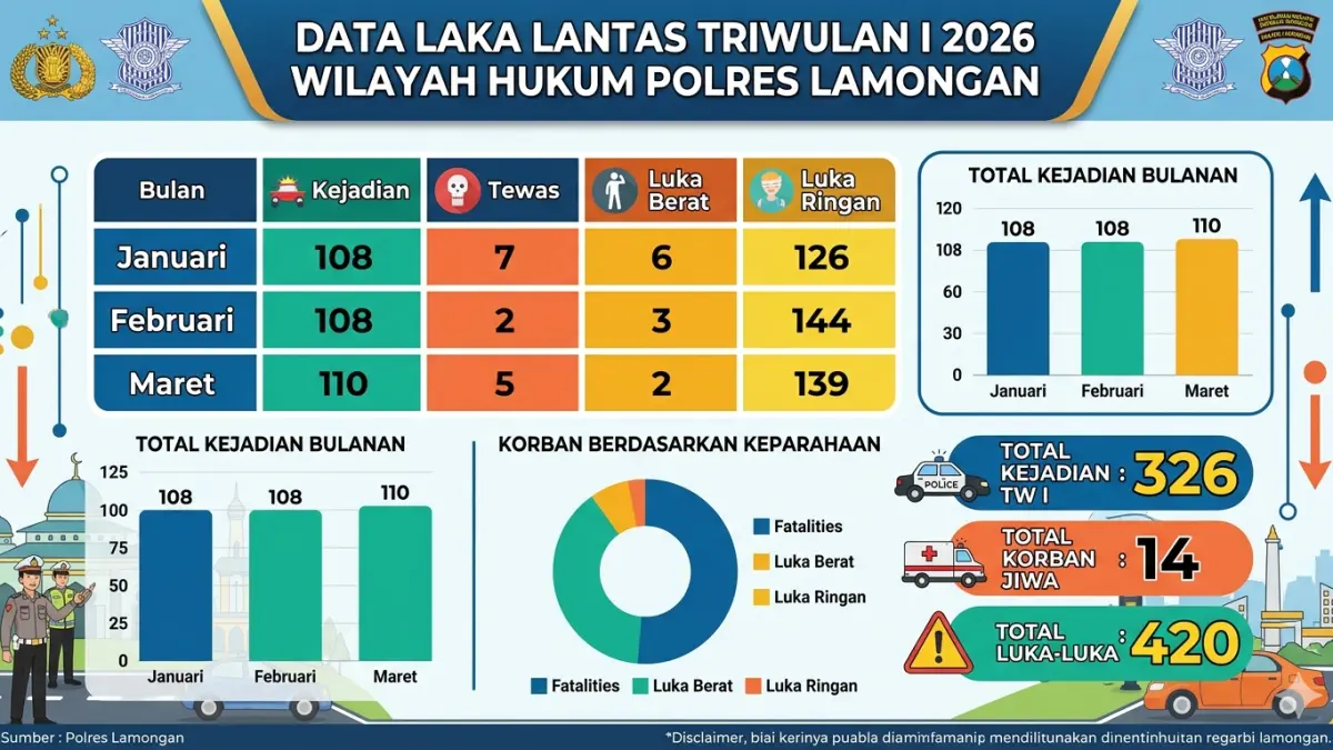 Grafis data kecelakaan lalu-lintas di wilayah hukum polres Lamongan selama triwulan pertama tahun 2026. (Google gemini) 