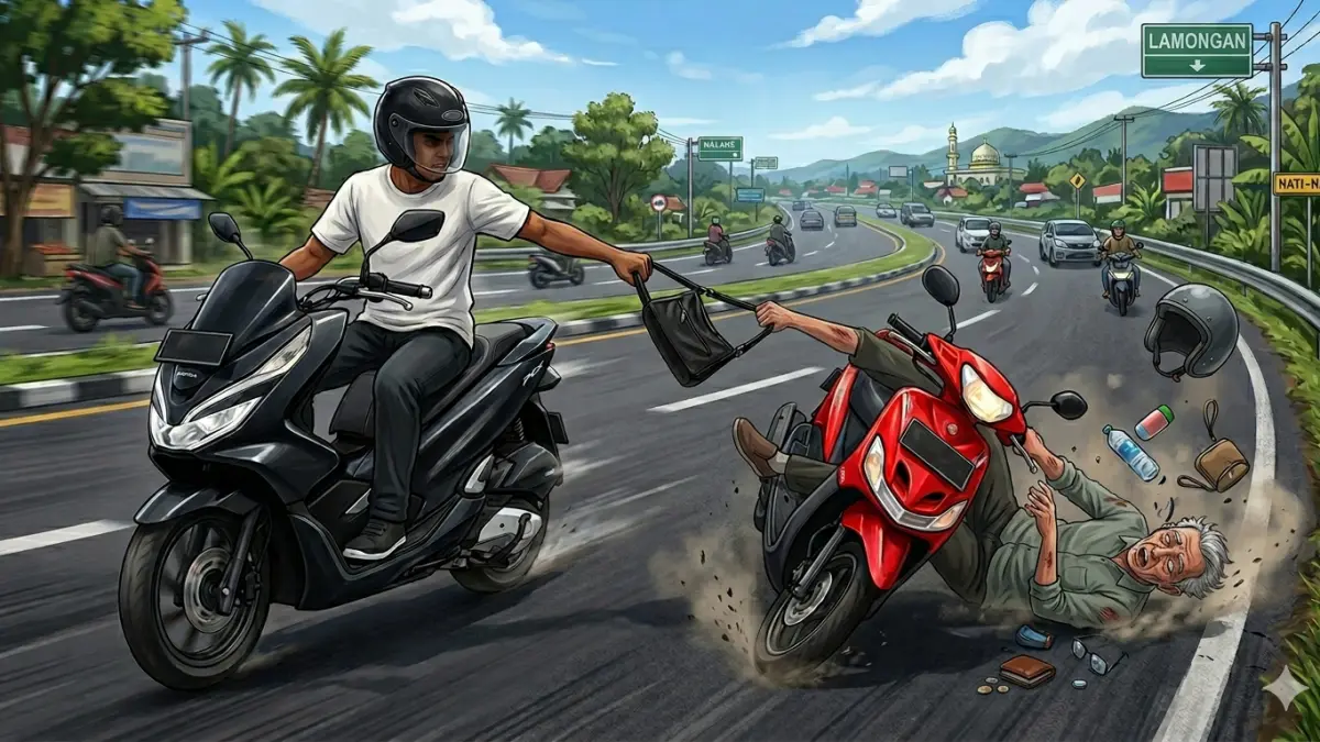 Gambar ilustrasi pria menjambret seorang kakek di Kecamatan Babat, Lamongan. (GEMINI AI/RADAR LAMONGAN)