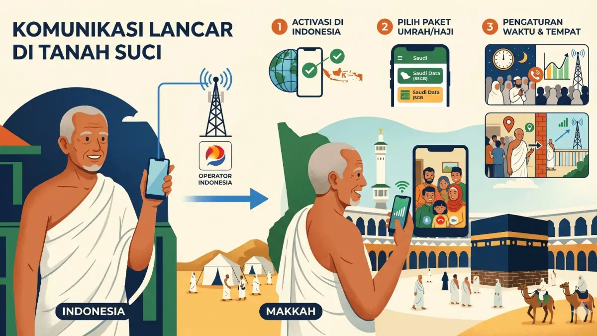 Beberapa langkah agar komunikasi tetap berjalan lancar saat pelaksanaan ibadah haji, menjadi sesuatu yang perlu dipersiapkan sebelum keberangkatan. (GEMINI AI/RADAR LAMONGAN)