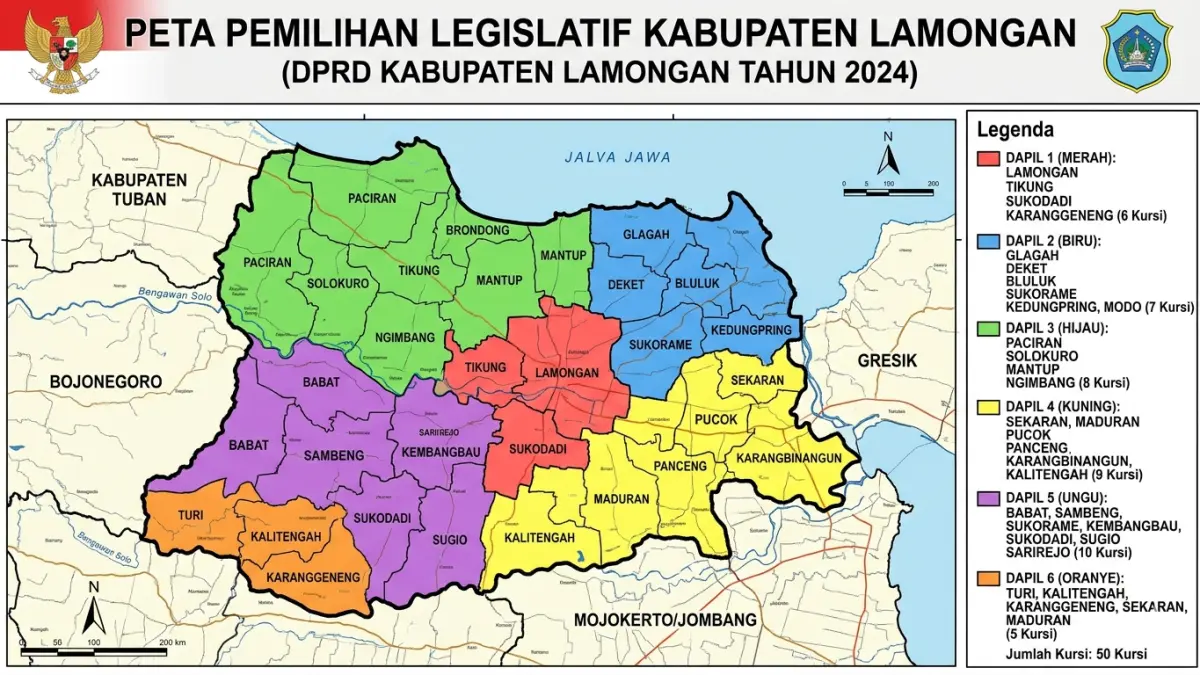 Peta dapil di Kabupaten Lamongan pada Pileg sebelumnya. (GEMINI AI/RADAR LAMONGAN)