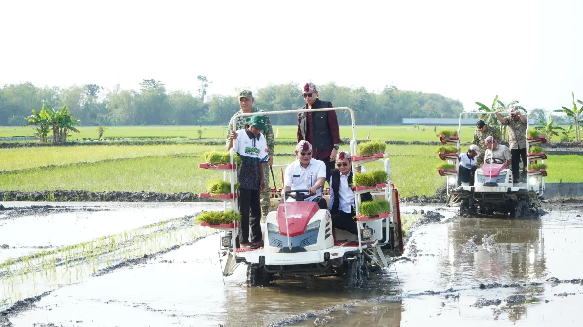 Bupati Yes mendampingi Wamentan RI, Sudaryono dan Kepala Bappenas, Rachmat Pambudy melakukan tanam padi di Desa Kebalankulon, Kecamatan Sekaran. (DOK. HUMAS KOMINFO LAMONGAN)