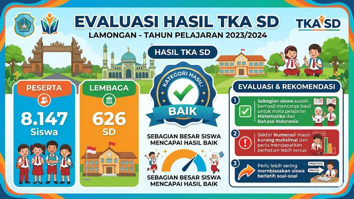Hasil TKA SD di Lamongan masuk kategori baik. ( google gemini) 