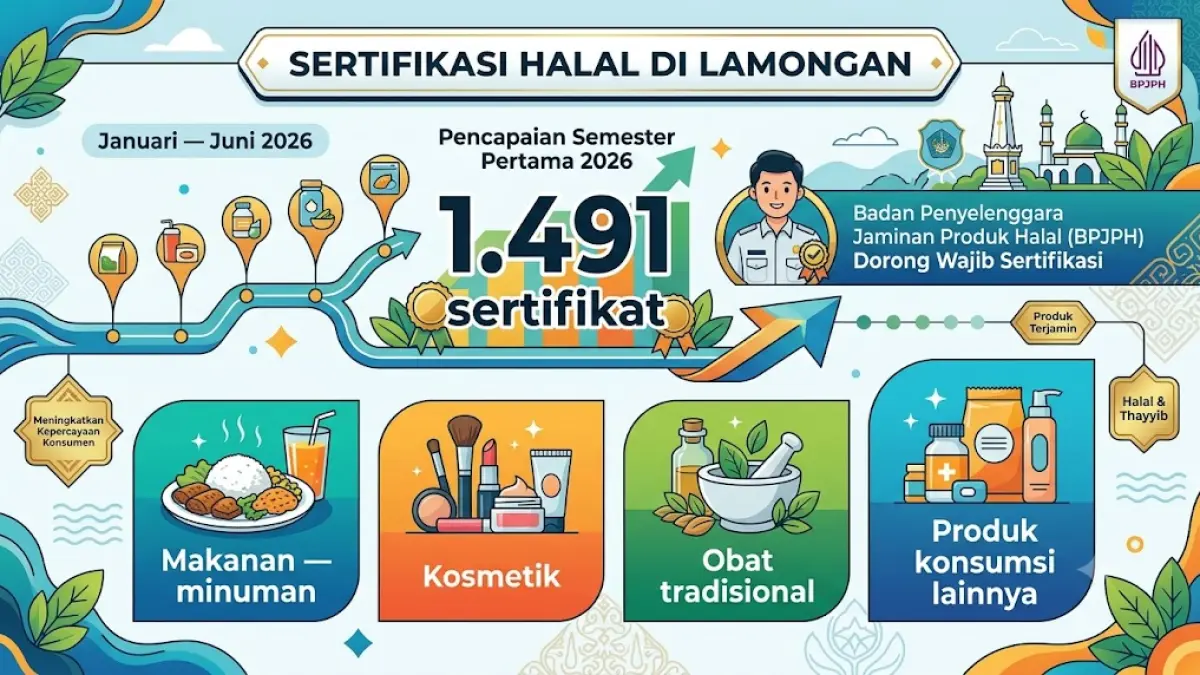  Januari hingga Juni 2026 Badan Penyelenggara Jaminan Produk Halal (BPJPH) Kemenag Lamongan telah menerbitkan 1.491 sertifikat halal. (Google gemini) 