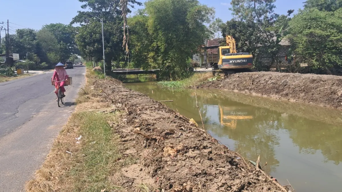Alat berat dikerahkan untuk menormalisasi aliran sungai di Desa Baturono, Kecamatan Sukodadi. (GAMAL AYATULLAH/RADAR LAMONGAN)
