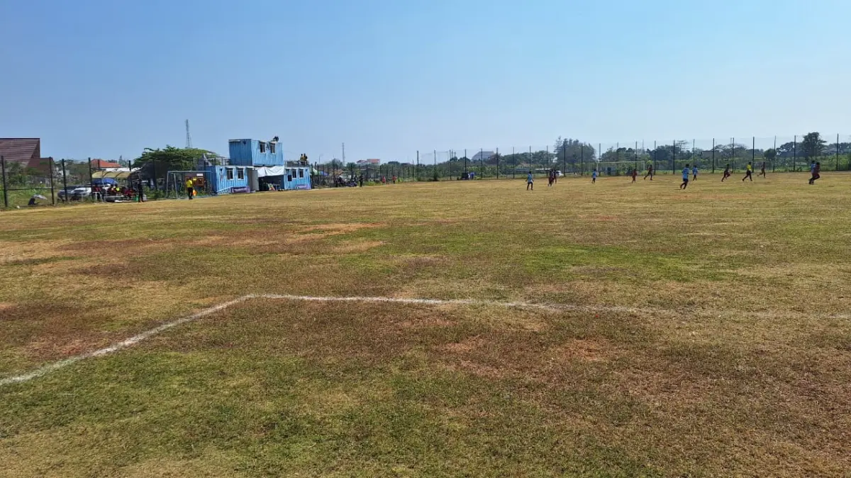 HANYA LAKUKAN PENYIRAMAN: Rumput training ground di kawasan Lapangan Gajah Mada Lamongan kondisinya belum maksimal.&nbsp;(Dok Radar Lamongan) 