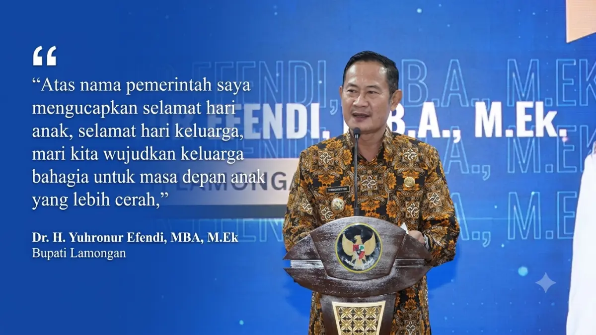 Bupati Lamongan, Dr. H. Yuhronur Efendi, MBA, M.Ek saat sambutan dalam acara peringatan Harganas dan HAN. (DOK. HUMAS KOMINFO LAMONGAN/RADAR LAMONGAN)