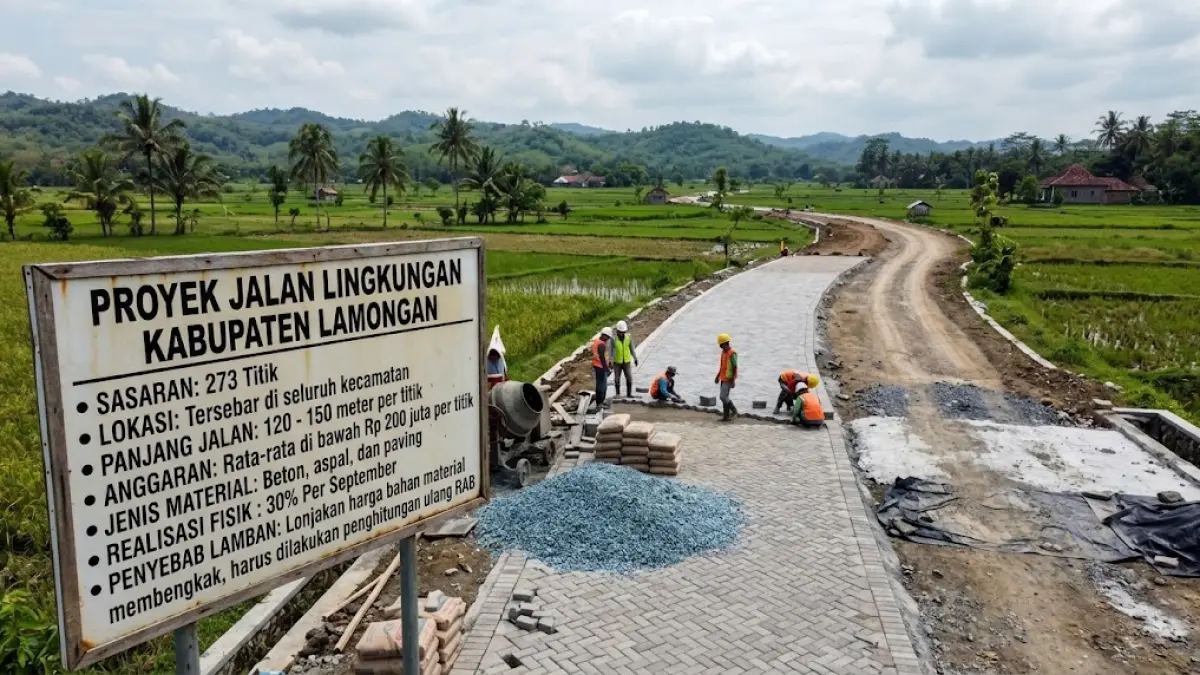 Proyek jalan lingkungan di Kabupaten Lamongan terus dikebut jelang akhir tahun. (Gemini AI)