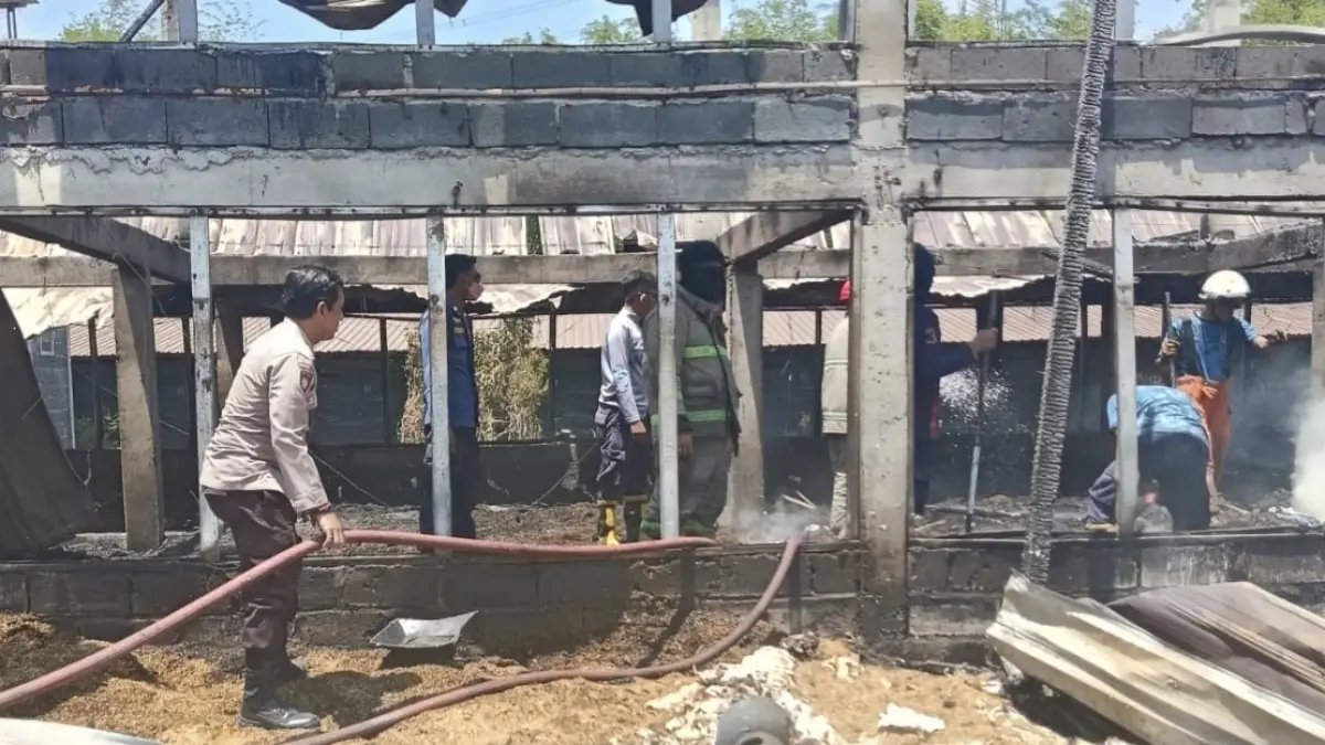 Petugas damkar dan kepolisian berupaya memadamkan kandang ayam yang terbakar.&nbsp;(GAMAL AYATULLAH/RADAR LAMONGAN)