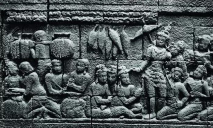 DATA ARKEOLOGIS: Aktivitas bertani dan panen hasil bumi termasuk padi tergambarkan di relief Candi Borobudur. (ilustrasi)