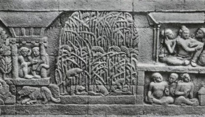 DATA ARKEOLOGIS: Aktivitas bertani dan panen hasil bumi termasuk padi tergambarkan di relief Candi Borobudur. (foto: dok kemendikbud)