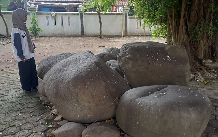 BERSEJARAH: Batu peninggalan Kerajaan Majapahit yang terletak di sekitar pohon beringin di kompleks Makam Troloyo di Desa Sentonorejo, Kecamatan Trowulan. (foto: Annisa Fadilah for Radar Majapahit)