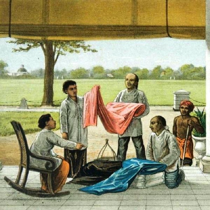 BERBUSANA: Litografi alias lukisan cetak batu yang menggambarkan pedagang kain keliling karya tentara Hindia Belanda Josias Vornelis Rappard, sekitar 1881-1889. (foto: Kemdikbud)