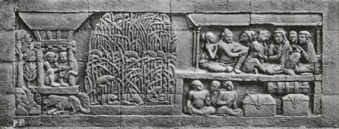 HASIL BUMI: Aktivitas bertani dan panen padi pada masa Jawa kuno tergambar di relief Candi Borobudur. (foto: dok. JPRM)