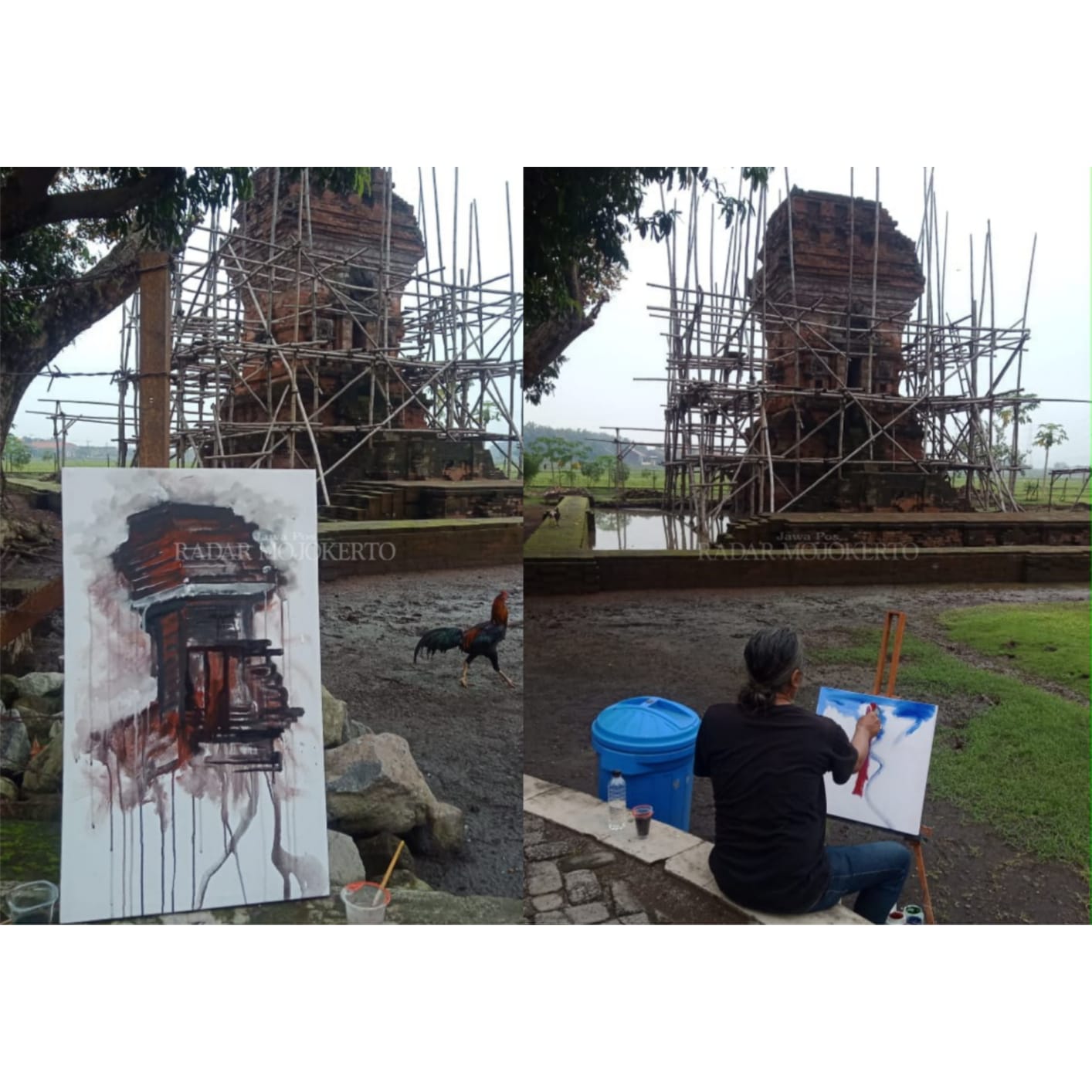 NYENI: Sejumlah pelukis menggelar OTS di Candi Bangkal, Kecamatan Ngoro, Kabupaten Mojokerto, Rabu (27/5)