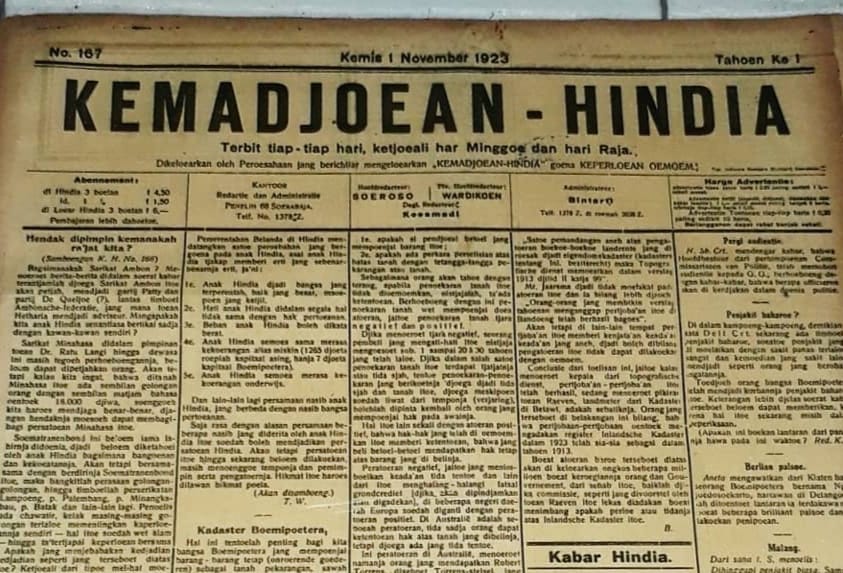 MEDIA MASSA PERTAMA: Cetakan surat kabar Kemadjoean Hindia yang terbit pada 1 November tahun 1923 saat masih berkantor di Mojokerto.