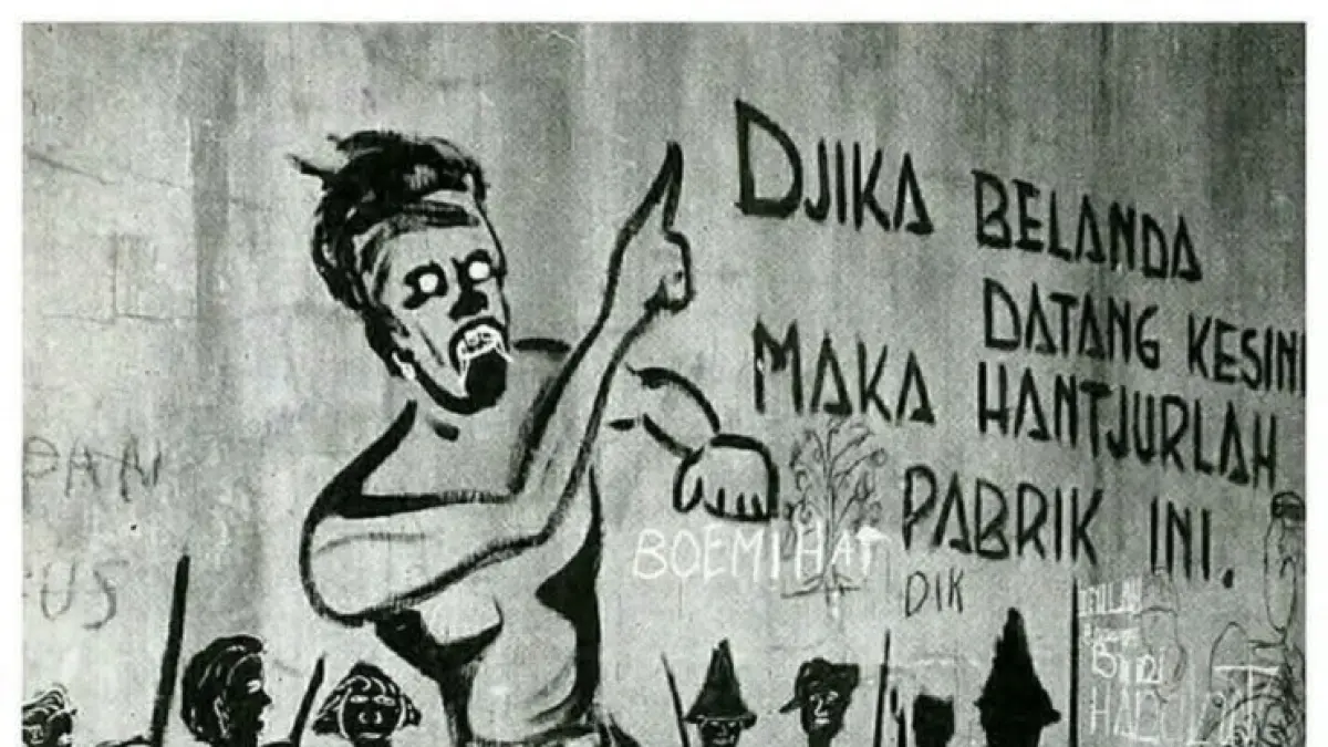 PERTAHANKAN KEMERDEKAAN: Mural di sebuah dinding pabrik tentang pesan pejuang untuk melalukan taktik bumi hangus agar bangunan tak dikuasai musuh. (foto: dok. JPRM)
