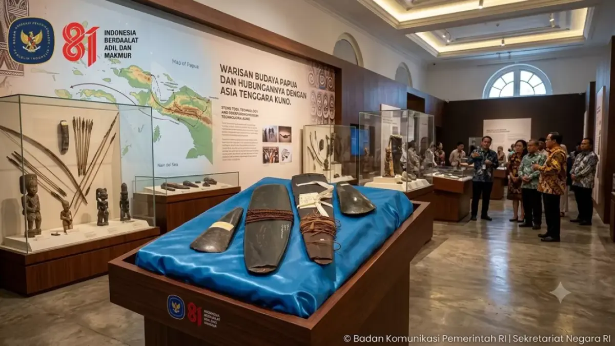 BERNILAI HISTORIS: Artefak Papua dari Suku Dani, Asmat, dan Danau Sentani yang telah dipulangkan dari Amerika Serikat dan Belanda ke Indonesia. (Foto: Bakom RI)