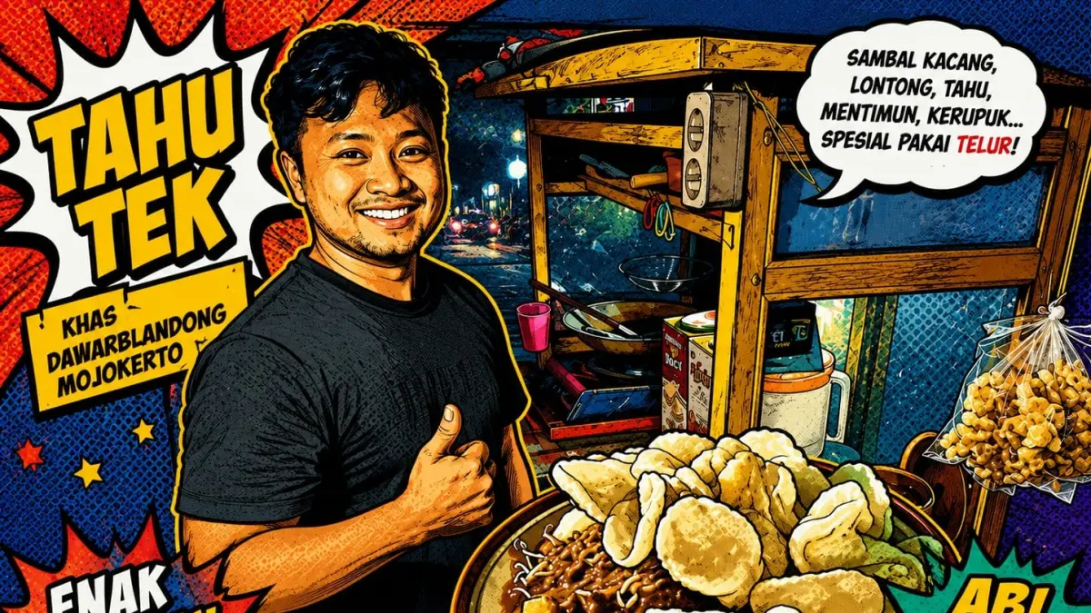 TAHU TEK GEN Z : Abi melayani pembeli saat malam hari di Dawarblandong jumat 4/9.(foto: Sofanka/diolah desain digital)