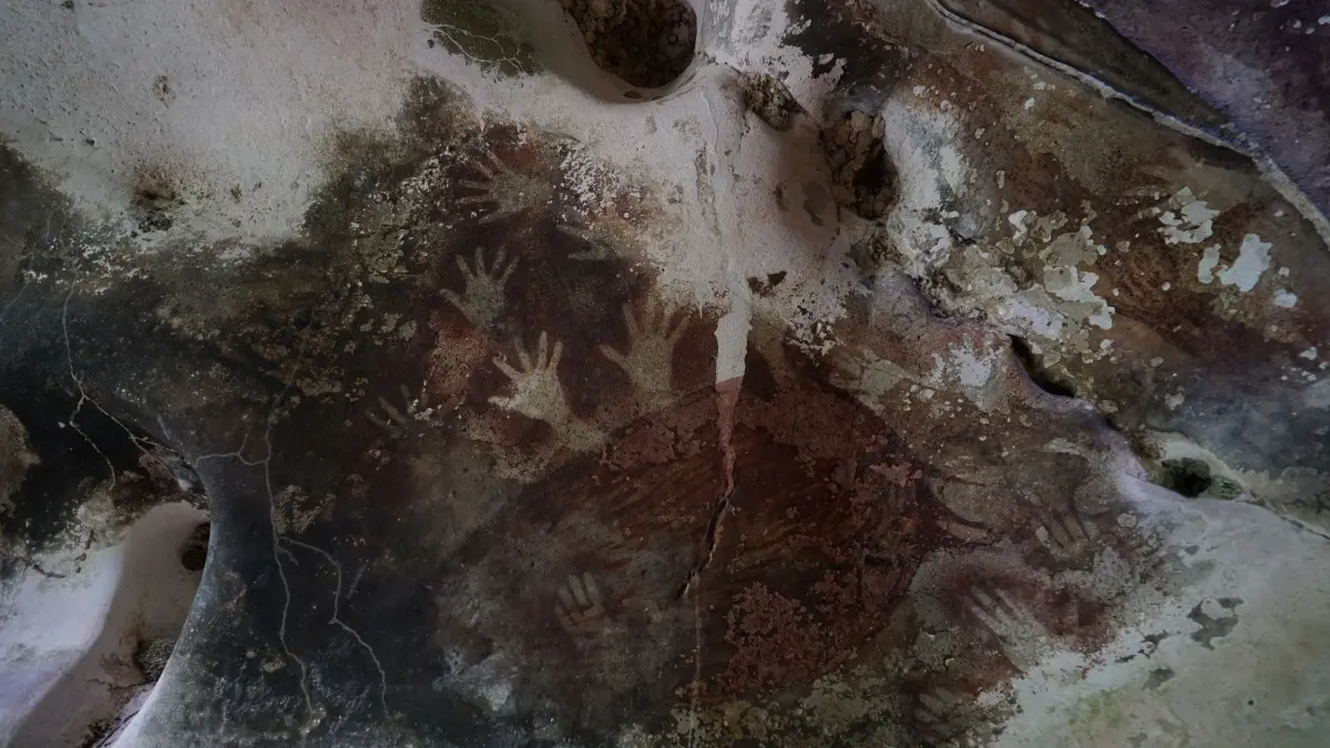 PRASEJARAH: Lukisan cadas cap tangan dan gambar babirusa yang diperkirakan berusia sekitar 40.000 tahun di Taman Arkeologi Leang-Leang Kabupaten Maros, Sulawesi Selatan. (Museum dan Cagar Budaya Kemenbud RI)