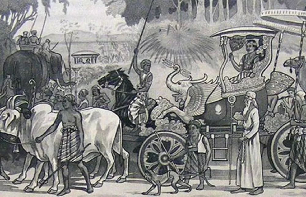 KUNJUNGAN KERJA: Ilustrasi lawatan rombongan Raja Hayam Wuruk dalam buku Oud Soerabaia karya GH Von Faber. (dok internet)