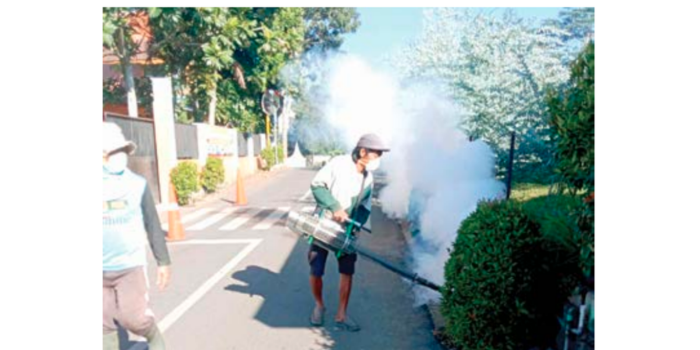 FOGGING: Salah seorang petugas dari Desa Bulukerto, Kecamatan Bumiaji melakukan pengasapan untuk membasmi nyamuk penyebab DBD beberapa waktu lalu.