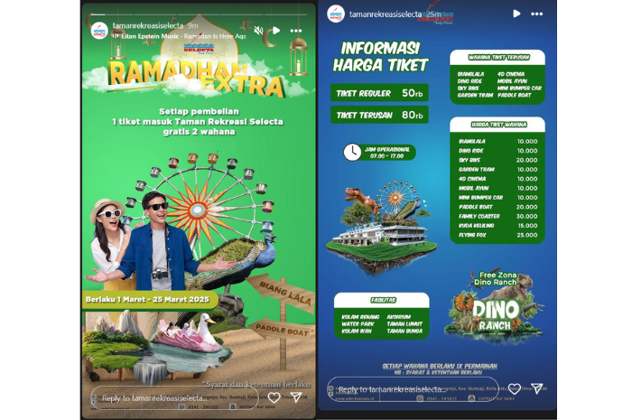 Promo, harga tiket, fasilitas, dan info lainnya. (Tangkapan layar Instagram @tamanrekreasiselecta)