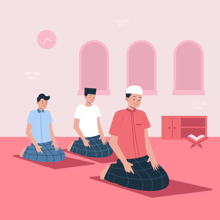 Ilustrasi pria-pria yang melaksanakan solat. (freepik.com)
