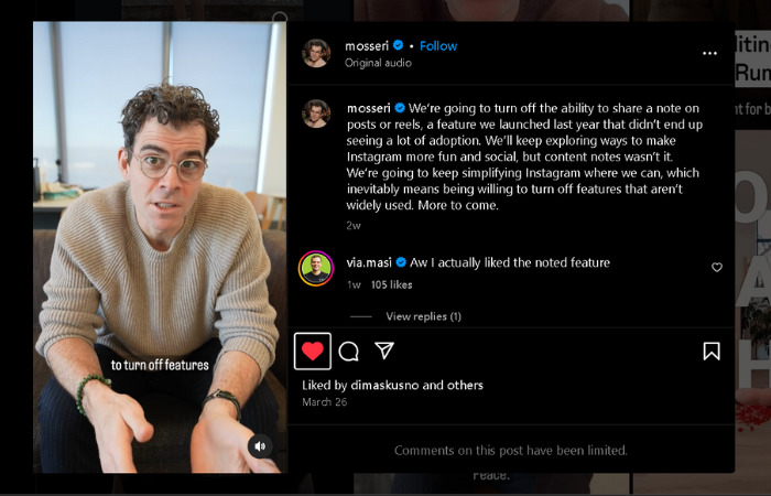 Adam Mosseri mengumumkan menghapus fitur notes feeds dan reels di Instagram (Instagram/mosseri)