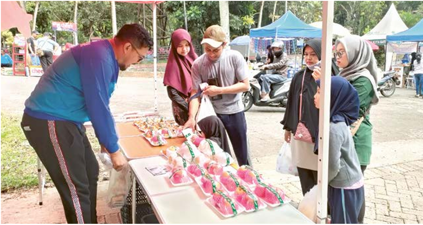 PKL BARU: Pengunjung CFD Mbatu Sae membeli buah kemasan di zona kuliner kemarin. (MOH RIZAL/RADAR BATU)