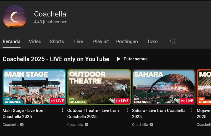 Coachella mengadakan live streaming di akun YouTube resmi (Screenshoot Akun Youtube Coachella)