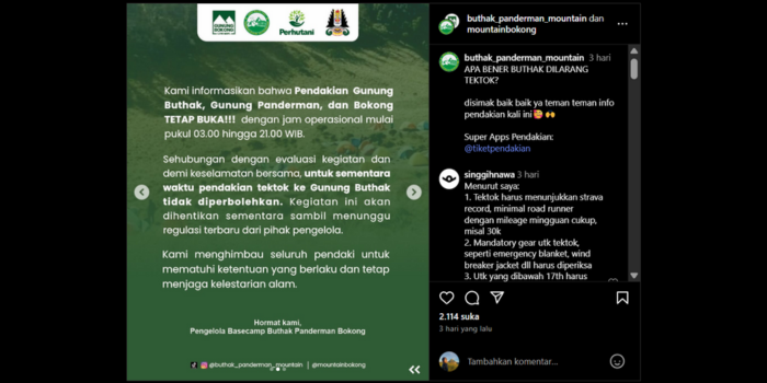 Postingan di akun instagram resmi Gunung Buthak @buthak_panderman_mountain  dan @mountainbokong yang menginformasikan terkait larangan pendakian tektok.