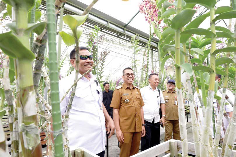 TINJAU LANGSUNG: Wali Kota Batu Nurochman mendampingi Staf Khusus Kepresidenan mengunjungi salah satu potensi usaha anggrek di Kelurahan Dadaprejo, Kecamatan Junrejo kemarin (27/5).