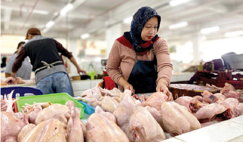 HARGA MEROKET: Salah seorang pedagang di Pasar Induk Among Tani Batu menjual daging ayam ras beberapa hari lalu.